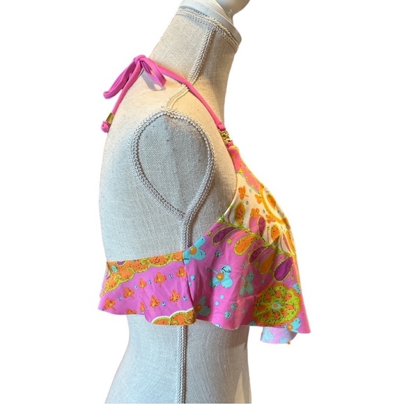 EUC - Trina Turk Pinkberry Woodblock Flounce Halter Neck Bikini Top - size 6 - Picture 6 of 8